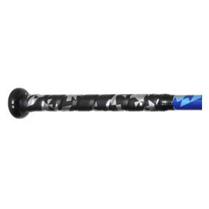 Side view of a black baseball bat with a geometric silver pattern on the grip and blue accents.