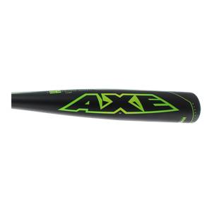 Side view of a black baseball bat with a neon green AXE logo and HYPERWHIP text.