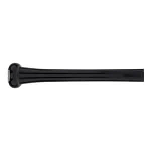Close-up of a black baseball bat handle with a glossy finish, a flared knob, and a white end cap detail.