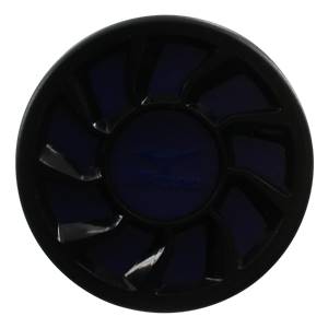 Top-down view of a black baseball bat end cap with a blue Mizuno logo and radial grooves.