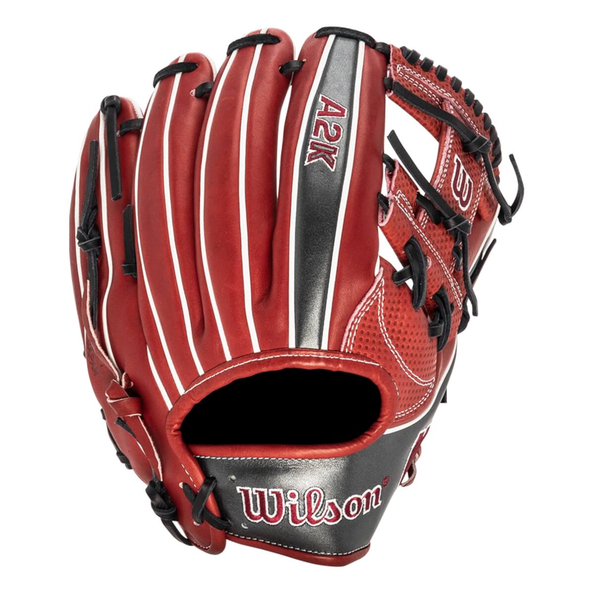 Front view of a red baseball glove with white stitching, A2K branding, and Wilson logo.