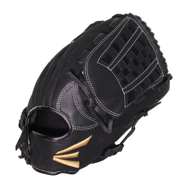 Top-down view of a black Easton softball glove with white stitching and gold Easton logo.
