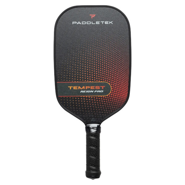 Front view of a black pickleball paddle with Paddletek branding and a red gradient design.