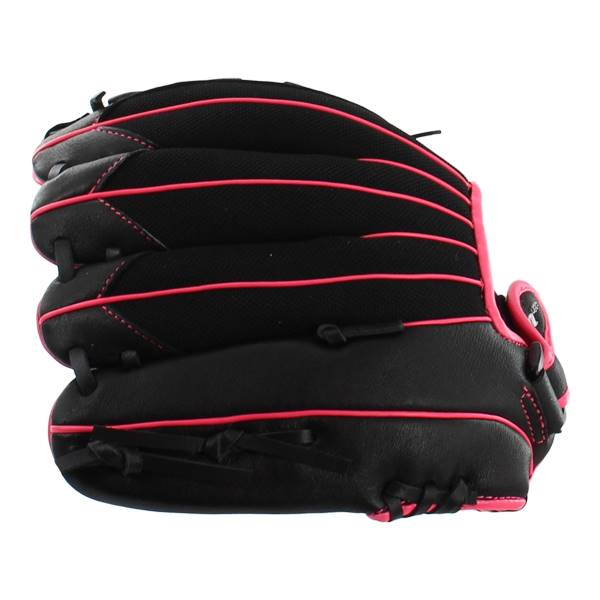 Side view of a black fastpitch glove with pink stitching and a mesh back.