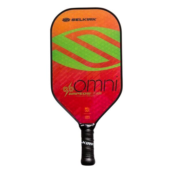 Front view of a red and orange pickleball paddle with a green S-curve design, omni text, and Selkirk branding.