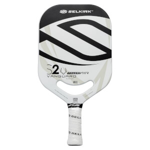 Front view of a white and black pickleball paddle with a bold S design, S2 VANGUARD POWER AIR text, and a white grip.
