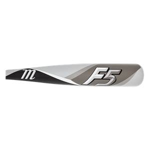 Side view of a silver and gray baseball bat with a black m logo and white F5 text.