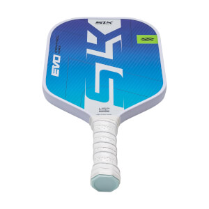 Top-down view of a white pickleball paddle with blue gradient graphics, large white SLK logo, and white grip.