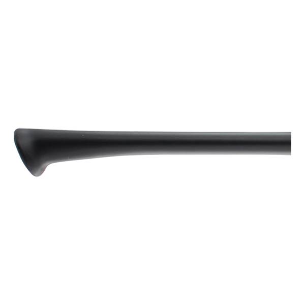 Side view of a black baseball bat with a flared knob and smooth barrel.