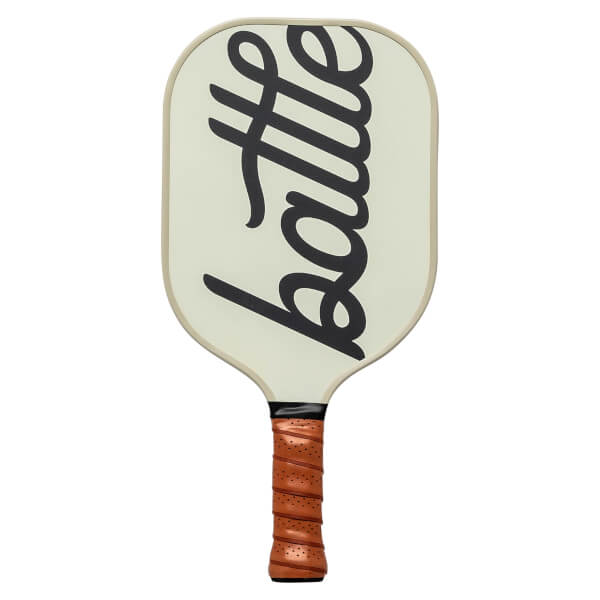 Front view of a cream pickleball paddle with black battle text and a brown grip.