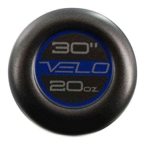 End view of a black baseball bat with blue VELO branding, 30 length, and 20oz weight.