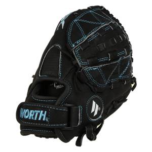 Front view of a black youth fastpitch glove with blue stitching, WORTH logo, and a circular logo.