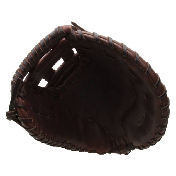 Top-down view of a brown leather baseball glove with visible lacing and a deep pocket.