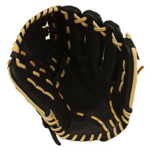 Top-down view of a black fastpitch glove with tan lacing and Miken branding.