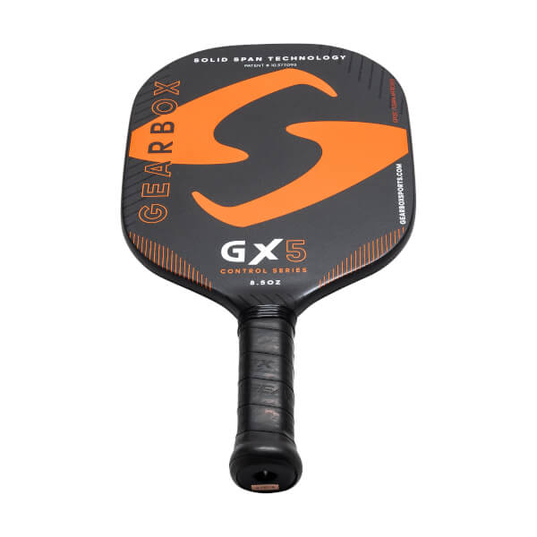 Front view of a black pickleball paddle with orange Gearbox logo, GX5 branding, and textured grip.