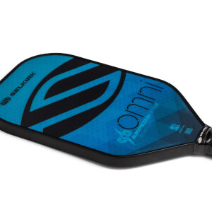 Corner view of a blue Selkirk Omni pickleball paddle with black accents and geometric patterns.