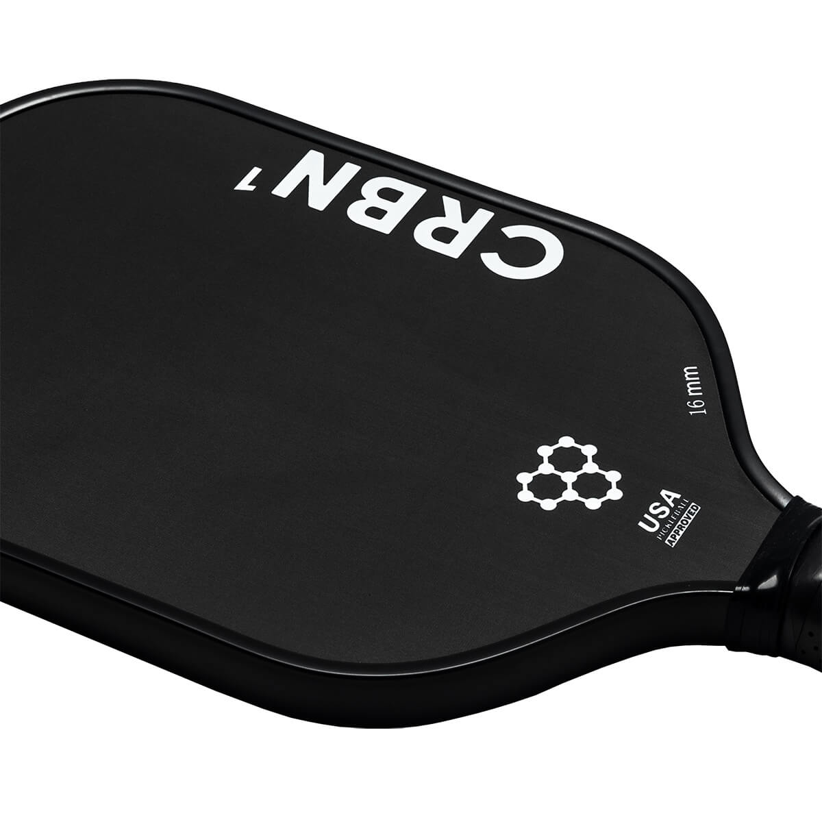 Close-up of a black CRBN pickleball paddle with CRBN 1 text, a molecular graphic, and 16 mm USA PICKLEBALL APPROVED text.