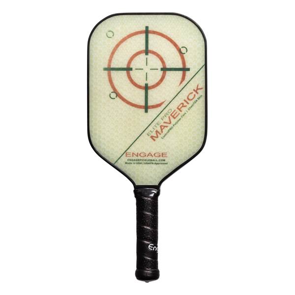 Front view of a light-colored pickleball paddle with a target design, Maverick text, and black grip.