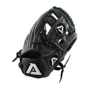 Side view of a black baseball glove with white stitching and two prominent A logos.