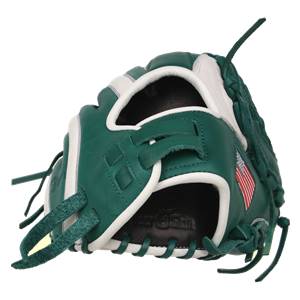 Side view of a green baseball glove with white trim and an American flag patch.