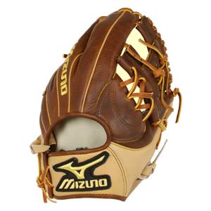 Side view of a brown and tan baseball glove with yellow lacing and a Mizuno logo.