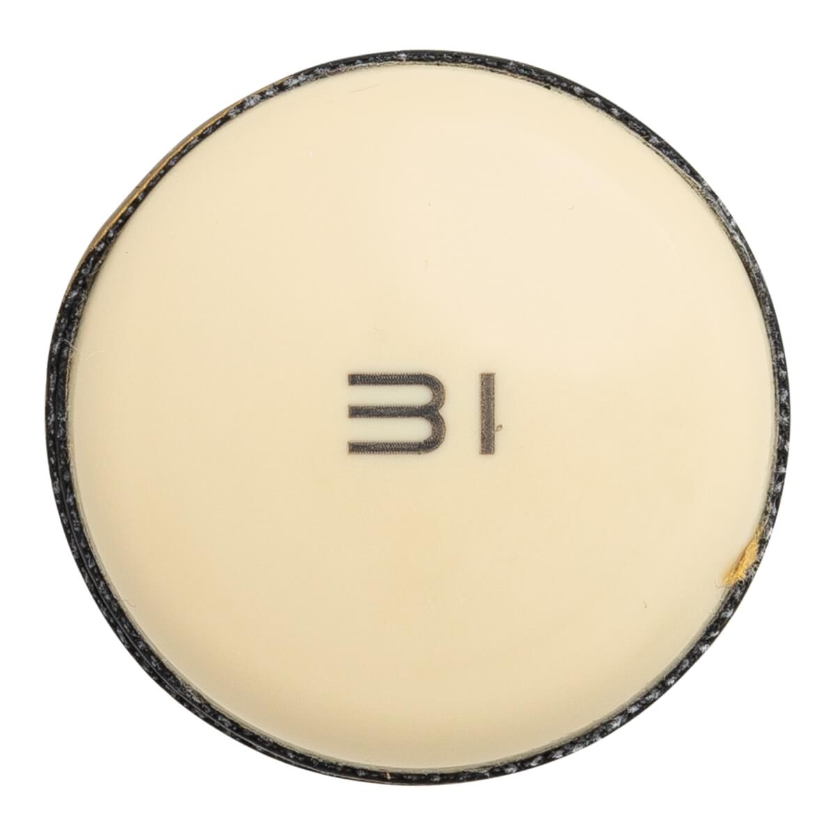 End view of a cream baseball bat end cap with black trim and 31 printed on it.