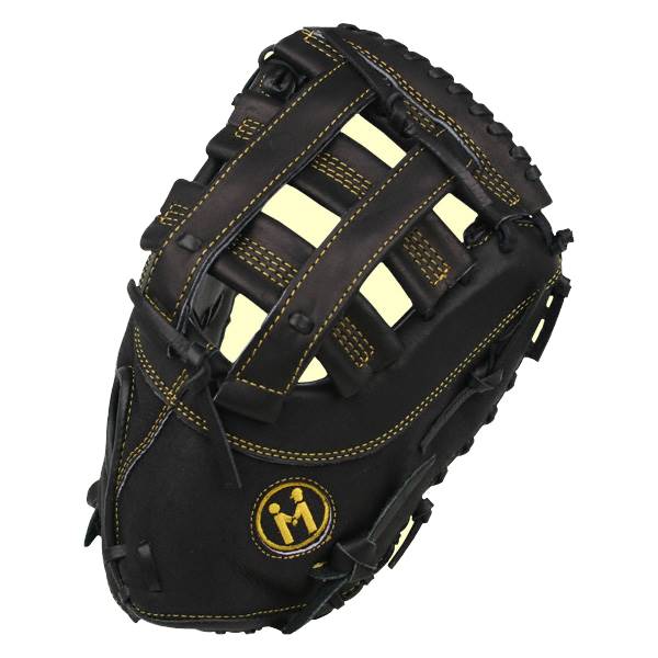 Top-down view of a black first base mitt with yellow stitching and a gold M logo.