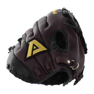Side view of a brown baseball glove with a yellow A logo and black lacing.