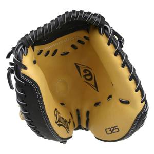 Top-down view of a black and tan catchers mitt with Diamond and C325 branding.