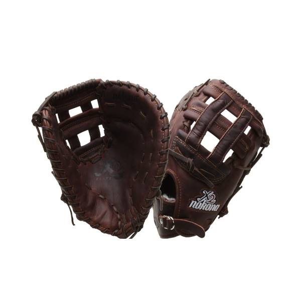 Two brown leather baseball gloves with a webbed design and Nokona branding.