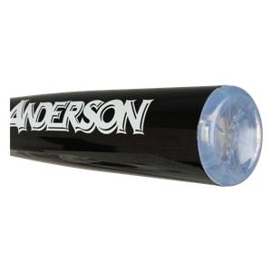 Side view of a black baseball bat with white ANDERSON logo and clear end cap.