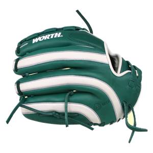 Side view of a green baseball glove with white stripes and WORTH branding.