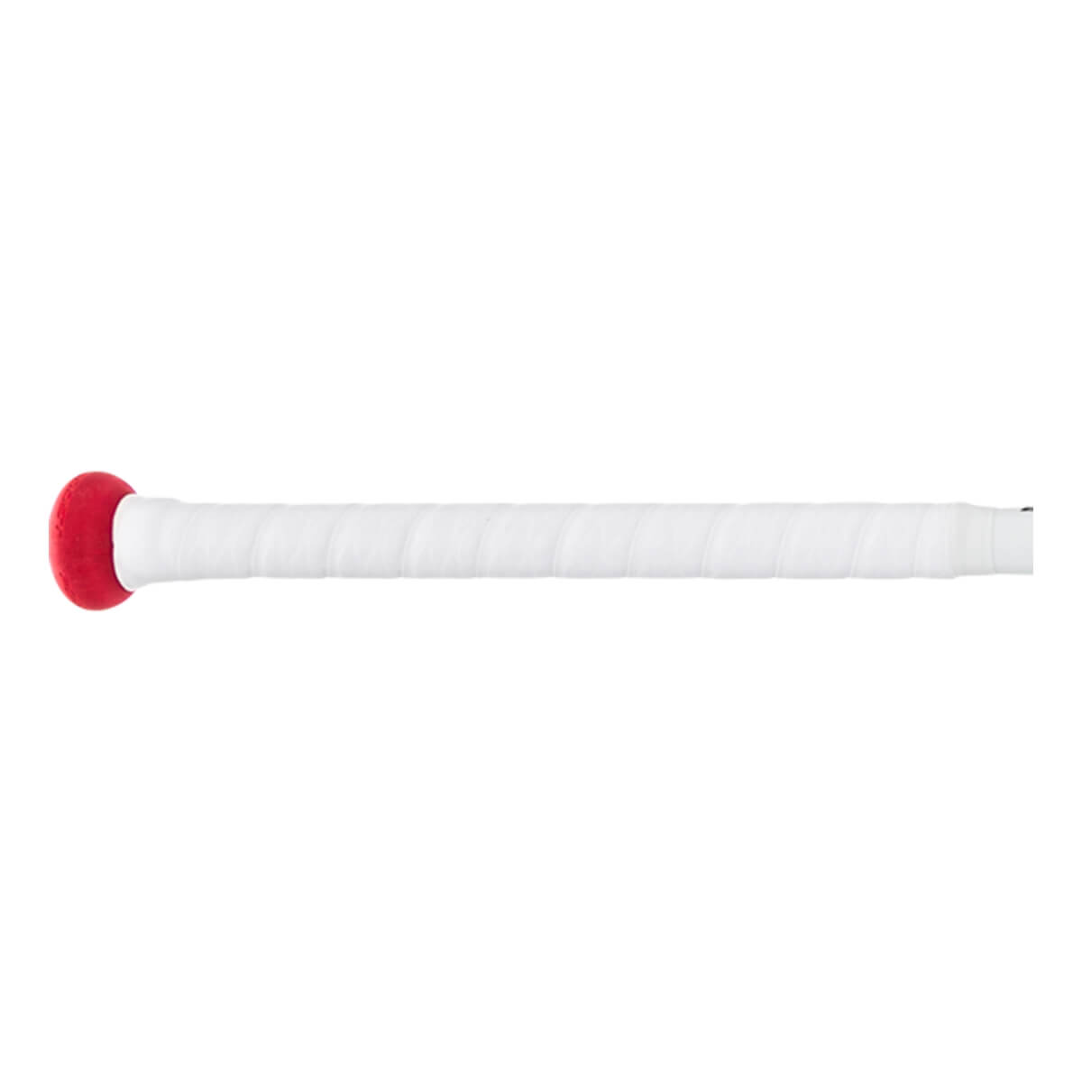 Side view of a white softball bat with a red knob and white grip tape.