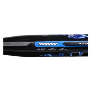 Side view of a black softball bat with slapper branding, X-TEN text, and lightning bolt graphics.