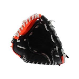 Top-down view of a black baseball glove with orange lining and white stitching.