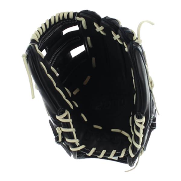 Top-down view of a black baseball glove with white lacing and a pocket.