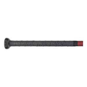 Side view of a black softball bat handle with a textured grip, black knob, and a visible red barrel section.