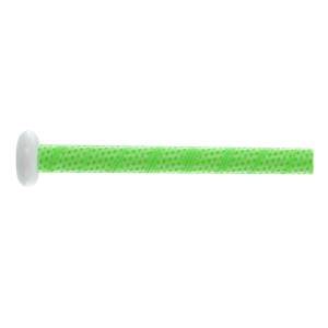Side view of a green baseball bat with a white knob and a textured grip.