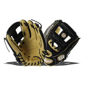 Front view of black and tan Wilson A2000 baseball gloves with A2000 and Wilson branding.