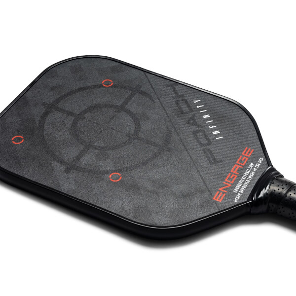 Top-down view of a black pickleball paddle with a target design and ENGAGE POACH INFINITY text.