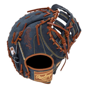 Top-down view of a blue denim baseball glove with brown lacing and Rawlings branding.