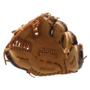 Front view of a tan baseball glove with ALPHA SELECT and nokona branding.