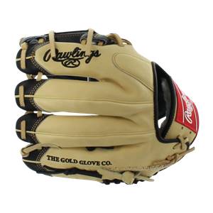 Front view of a tan baseball glove with black accents, Rawlings logo, and THE GOLD GLOVE CO. text.