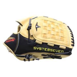 Side view of a tan and black baseball glove with ALL-STAR and SYSTEMSEVEN branding.