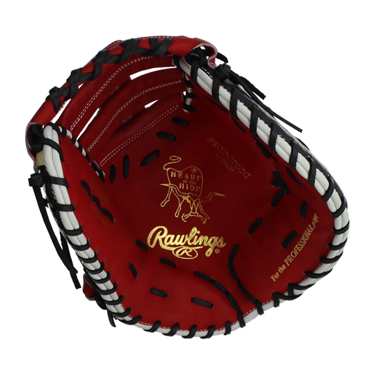 Interior view of a red Rawlings first base mitt with gold Heart of the Hide logo and white lacing.