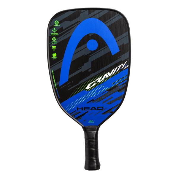 Front view of a black pickleball paddle with a large blue HEAD logo, GRAVITY text, and green icons.