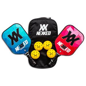 Front view of a blue and pink pickleball paddle set with yellow balls and a black bag.