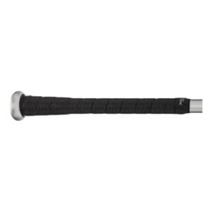 Side view of a black baseball bat with a textured grip and silver end cap.