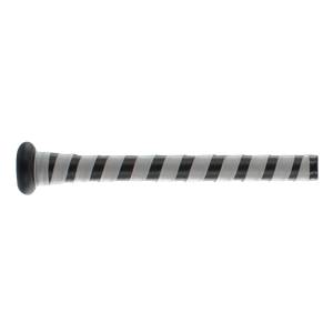Side view of a black baseball bat with a white and black striped grip.