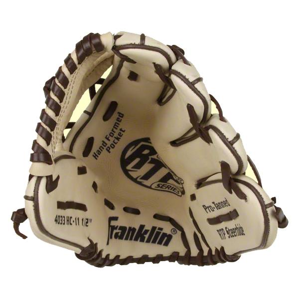Close-up of a tan Franklin baseball glove with brown lacing, Hand Formed Pocket text, and RTP Steerhide label.